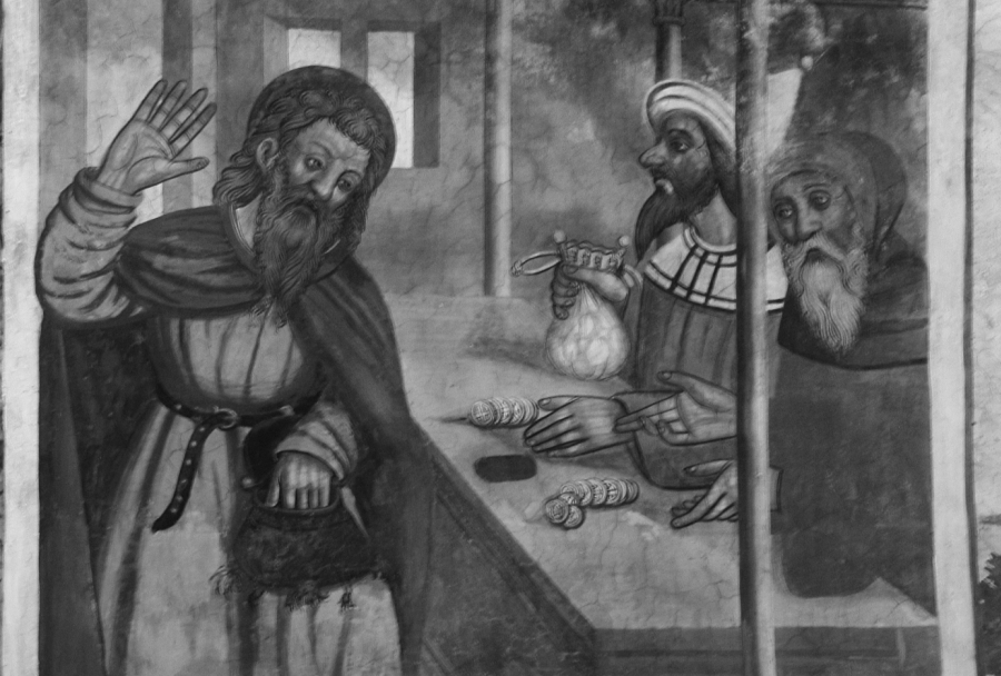 Judasz. Fragment fresków z XVI wieku z kościoła Saint Sébastien w Plampinet we Francji