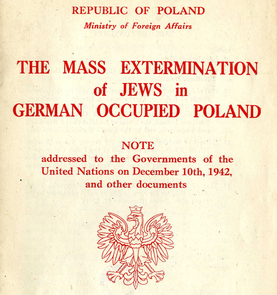 Masowa eksterminacja Żydów w okupowanej przez Niemców Polsce - fragment pierwszej strony broszury Rządu RP na uchodźstwie.